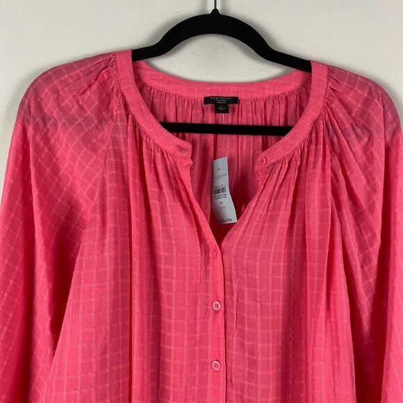 Ann Taylor Factory Shirt Size Petite Medium Pink Button Up Split Neck Sheer - Picture 2 of 10